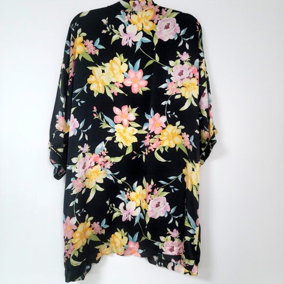 Robert Stock 100% Silk Black Floral Kimono Robe Size Medium - Picture 4 of 8